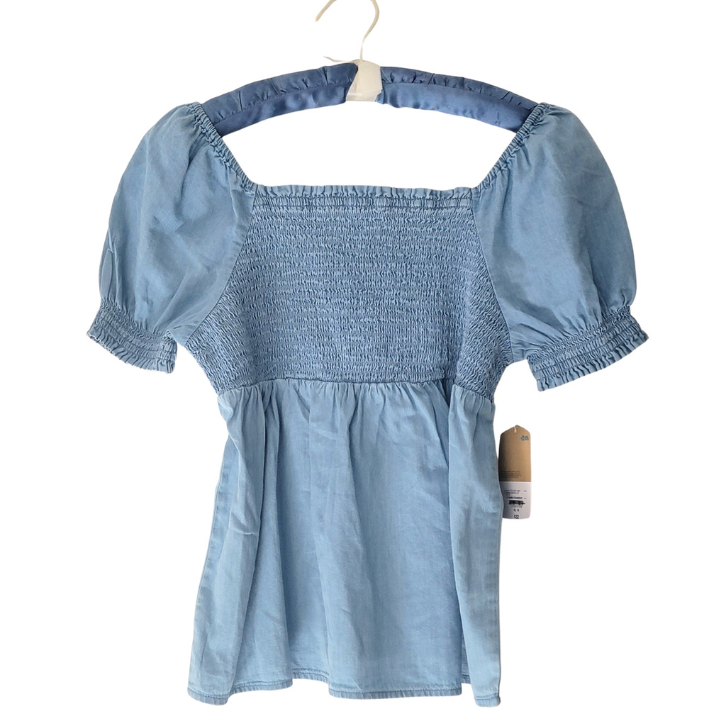 Girls Blue Short Sleeve Smocked Babydoll Top Sz XL 16